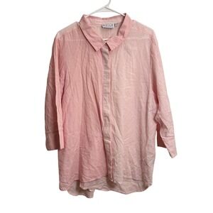 Habitat Womens XL Pink Cotton Blend Pinstripe Button Down Blouse 3/4 Sleeve
